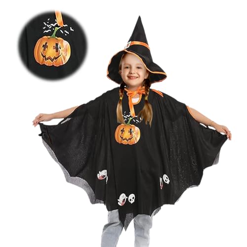 GAROMIA Fledermaus Kostüm Kinder Schwarz Halloween Kostüm Kinder Jungen Mädchen Halloween Fledermaus Umhang mit Hut Kürbis Kostüm Halloween Karneval Fasching Cosplay Party Höhe 90-150cm von GAROMIA