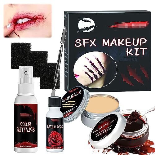 GAROMIA Halloween Kunstblut Set Halloween Schminke Makeup Spezialeffekt Hautwach Fake Gefälscht Blut Schwamm für Gefälscht Narben Wound Bilden Wound Modeling Scar für Halloween Thema Party Cosplay von GAROMIA