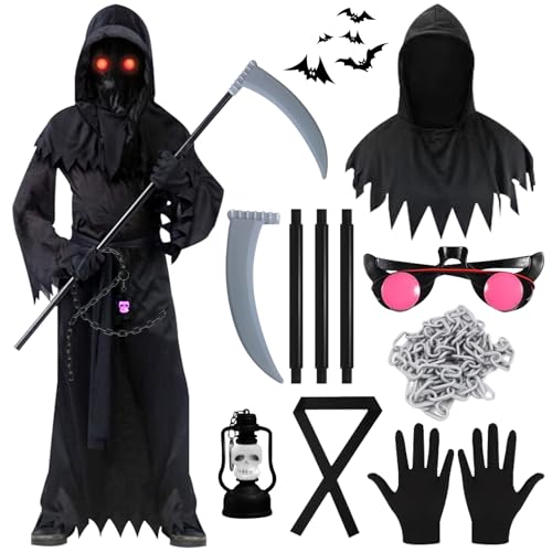 GAROMIA Sensenmann Halloween Kostüm Kinder Mit Sense Brille Geisterketten Handschuhen Halloween Kostüm Kinder Junge Skelett Kostüm Junge Scream Kostüm Kinder Horror Kostüm Für Halloween Cosplay-m von GAROMIA