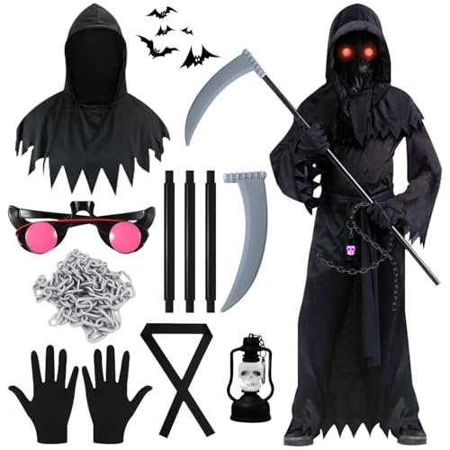 GAROMIA Sensenmann Halloween Kostüm Kinder Mit Sense Brille Geisterketten Handschuhen Halloween Kostüm Kinder Junge Skelett Kostüm Junge Scream Kostüm Kinder Horror Kostüm Für Halloween Cosplay von GAROMIA