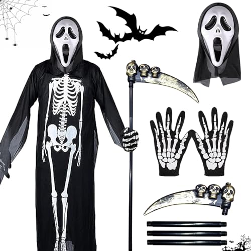 GAROMIA Halloween Skelett Kostüm, Halloween Scream Kostüm Scream Maske Skelett Handschuhe Skelett Maske Sense Sensenmann Kostüm für Halloween Karneval Verkleiden Cosplay von GAROMIA