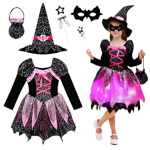 GAROMIA Hexenkostüm Kinder Mädchen Hexenkleid Kostüm Kinder Hexenkostüm Mädchen Zauberer Verkleiden Hexen kostüm mit Lichter Cosplay Halloween Kinder Hexenkostüm Halloween Karneval Fasching-110 von GAROMIA