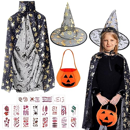 GAROMIA Zaubererkostüm Kinder Hexenkostüm für Jungs Hexenkostüm mit Wizard Hut Kürbis Candy Bag Hexenkostüm Zauberer Kostüm Cape Party Cosplay Hexenkostüm Kind 3 4 Jahre von GAROMIA