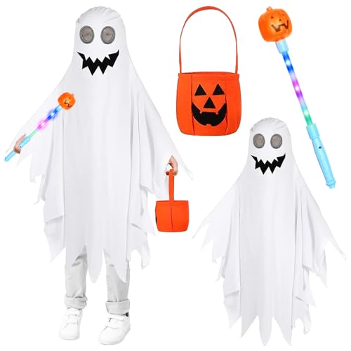 GAROMIA Halloween Kostüm Kinder Gespenst Kostüm Kinder Jungen Halloween Geister Kostüm Weiß mit Kürbishandtasche Halloween Stöcke Kostüm für Kinder Jungen Mädchen Kleinkind 3 4 5 Jahre von GAROMIA