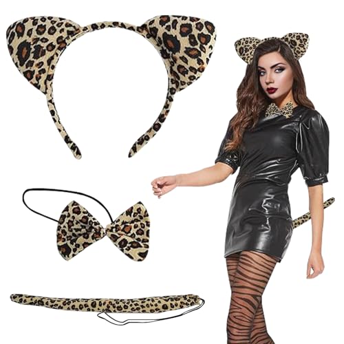 GAROMIA Leopard Kostüm Set Leoparden Kostüm Damen Leopardenmuster Stirnband Tier Schwanz Fliege Socken Tierkleid Kostüm Set für Dschungel Karneval Mottoparty Faschingskostüme Damen von GAROMIA