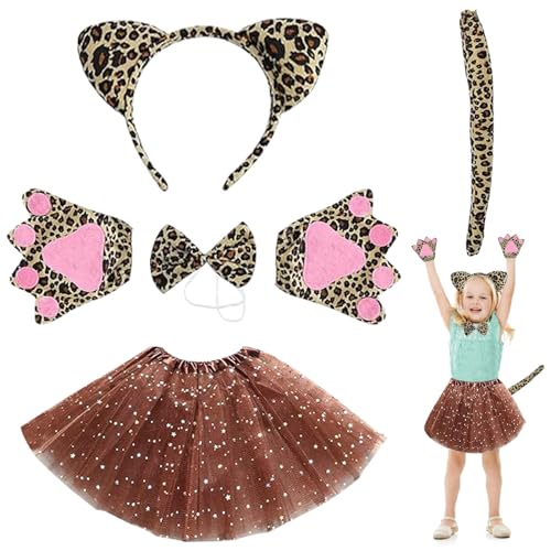 GAROMIA Leoparden Kostüm Kinder Leoparden Ohren Stirnband Tutu Rock Fliege Tierpfoten Handschuhe Schwanz Leoparden Cosplay Set für Mädchen Kinder Faschingskostüme Party Halloween von GAROMIA