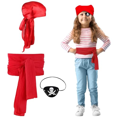 GAROMIA Piratenkostüm Kinder Piraten Kostüm Set Piraten Augenklappe Kinder Piraten Stirnband Piratenschärpe Piratenkostüm Mädchen Mittelalter Renaissance Karneval Halloween Piraten Zubehör Rot von GAROMIA