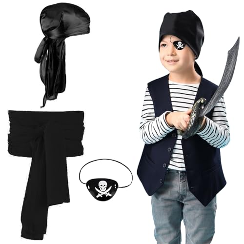 GAROMIA Piratenkostüm Kinder Piraten Kostüm Set Piraten Augenklappe Kinder Piraten Stirnband Piratenschärpe Piratenkostüm Mädchen Mittelalter Renaissance Karneval Halloween Piraten Zubehör Schwarz von GAROMIA