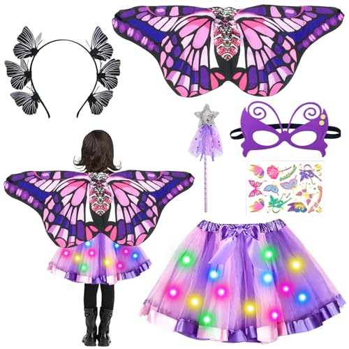 GAROMIA Schmetterling Kostüm Mädchen Schmetterling Flügel Kostüm Tutu Rock Maske Tattoos Haarband Feenstab für Karneval Maskerade Party von GAROMIA