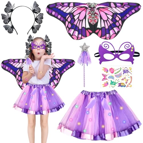 GAROMIA Schmetterling Kostüm Mädchen Schmetterling Flügel Kostüm Tutu Rock Maske Tattoos Haarband Feenstab für Karneval Maskerade Party von GAROMIA