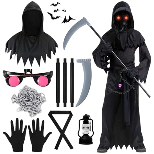 GAROMIA Sensenmann Halloween Kostüm Kinder Mit Sense Brille Geisterketten Handschuhen Kostüm Kinder Junge Skelett Kostüm Junge Scream Horror für Halloween Cosplay GAROMIA Sensenmann Halloween Kostüm Kinder Mit Sense Brille Geisterketten Handschuhen Kostüm Kinder Junge Skelett Kostüm Junge Scream Horror für Halloween Cosplay von GAROMIA