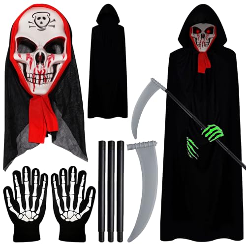 GAROMIA Halloween Kostüm Kinder Jungen Sensenmann Kostüm Set Halloween Kostüm Erwachsene Herren mit Kostüme Umhang Blutrote Sensenmann Maske Handschuhe Gruselige für Halloween Cosplay Karneval von GAROMIA