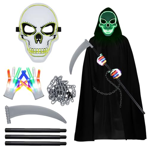 GAROMIA Sensenmann Kostüm, Halloween Kostüm Kinder Sensenmann Schwarzer Umhang mit Sense Skelett Maske Skelett Handschuhe Kostüm Gruselige Set für Kinder für Halloween Party Cosplay-170 (170-fg) von GAROMIA