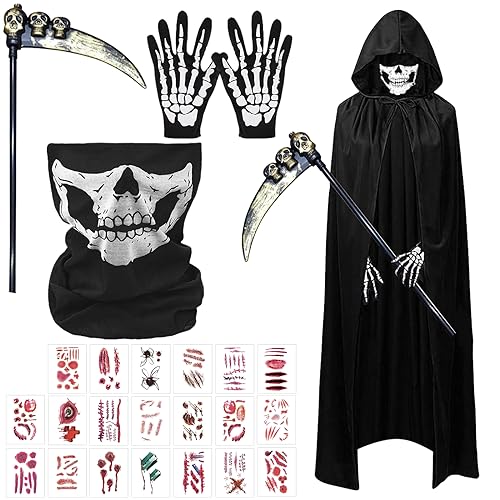 GAROMIA Sensenmann Kostüm, Halloween Kostüm Kinder Sensenmann Schwarzer Umhang mit Sense Skelett Maske Skelett Handschuhe Narben Tattoos Kostüm Gruselige Set für Kinder für Halloween Party Cosplay-170 von GAROMIA