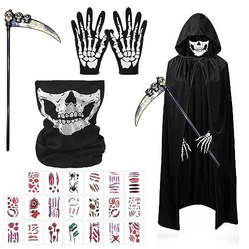 GAROMIA Sensenmann Kostüm, Halloween Kostüm Kinder Sensenmann Schwarzer Umhang mit Sense Skelett Maske Skelett Handschuhe Narben Tattoos Kostüm Gruselige Set für Kinder für Halloween Party Cosplay-120 GAROMIA Sensenmann Kostüm, Halloween Kostüm Kinder Sensenmann Schwarzer Umhang mit Sense Skelett Maske Skelett Handschuhe Narben Tattoos Kostüm Gruselige Set für Kinder für Halloween Party Cosplay-120 von GAROMIA
