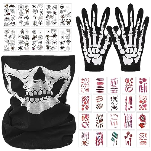 GAROMIA Skelett Maske Skelett Handschuhe Halloween Totenkopf Maske Weiße Skelett Handschuhe Schwarz Spinnen Tattoos Narben Tattoos Schädel Ghost Maske für Halloween Karneval Party Cosplay von GAROMIA