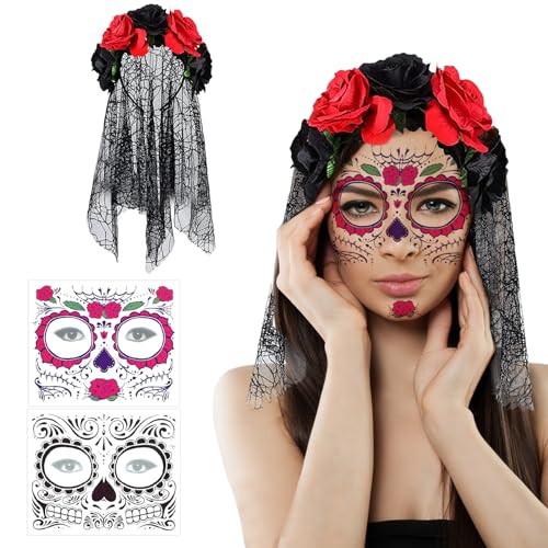 GAROMIA Tag Der Toten Haarreif mit Halloween Gesicht Tattoos Halloween Rose Floral Crown Schleier Mexikanischen Stirnband Blumen Kronen Haarreif Dia de los Muertos für Karnival Fasching von GAROMIA