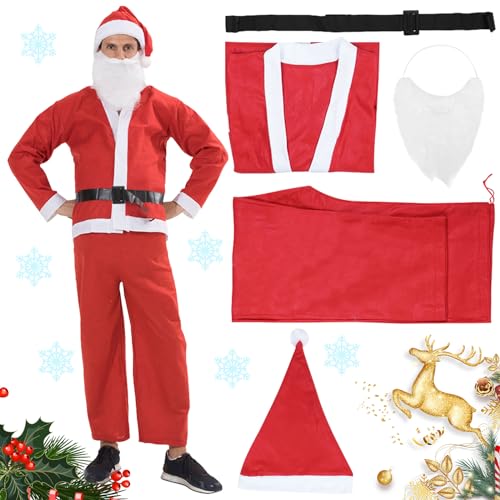 GAROMIA Weihnachtsmann Kostüm Herren 5 Weihnachtsmannkostüm mit Weihnachtsmann Mütze Bart Gürtel Rotes Weihnachtskostüme Kostüme Weihnachtskostüm für Herren Weihnachten Cosplay Karneval von GAROMIA