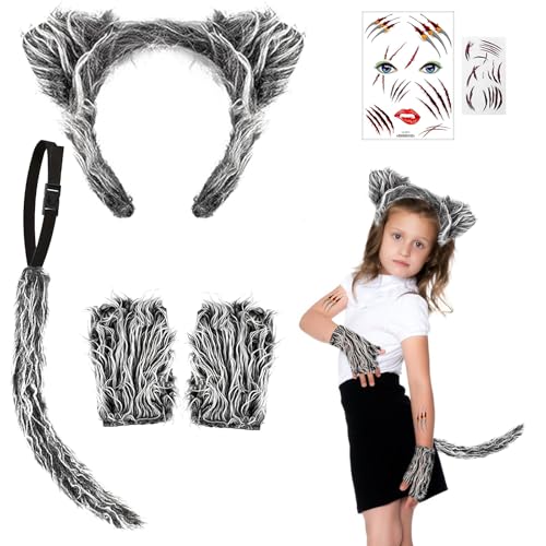 GAROMIA Wolf Kostüm Kinder, Karneval Kostüm Kinder mit Werwolf Ohren, Schwanz, Pfoten, Aufkleber Accessoires,Tierkostüm Mädchen Jungen für Halloween Karneval Cosplay Kostüm Zubehör von GAROMIA