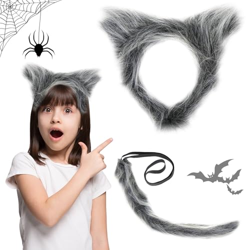 GAROMIA Werwolf Haarreifen Wolfsschwanz Wolf Ohren und Schwanz Set Wolf Haarreif Wolf Kostüm Kinder Erwachsene Halloween Kostüm Accessoires für Karneval Halloween Cosplay Party von GAROMIA