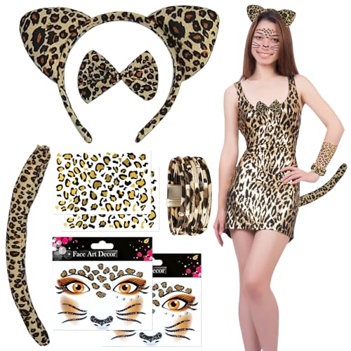 GAROMIA Leopard Kostüm Set Leoparden Kostüm Damen Leopardenmuster ohren Tierkleid leopardenkostüm Set für Dschungel Karneval Mottoparty Halloween Faschingskostüme Damen von GAROMIA