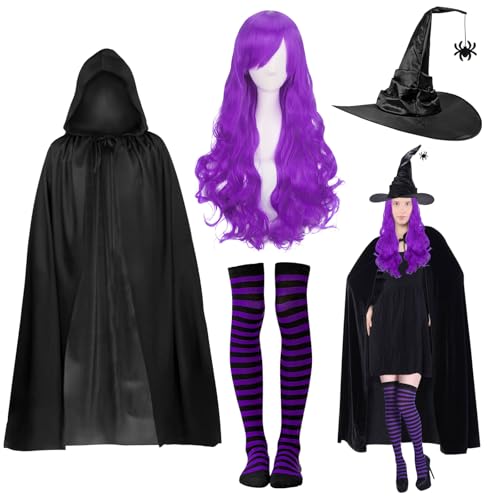 Halloween Hexe kostüm Damen Hexenhut Hexen Umhang mit Kapuze lila Perücke Nylon-gestreifte Strümpfe für Damen Halloween Karneval Cosplay Kostüm Zubehör Halloween Hexe kostüm Damen Hexenhut Hexen Umhang mit Kapuze lila Perücke Nylon-gestreifte Strümpfe für Damen Halloween Karneval Cosplay Kostüm Zubehör von GAROMIA