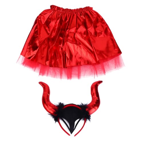 GAROZATION 1 Satz Hornkopfschmuck Mit Rock Hexenkostüm Mesh-outfits Halloween Mädchen Teufel Kostüm Anzüge Für Damen Elegant Kleiner Unterrock Gefälschte Hornband-kostüme Tüllkleid Stoff Rot von GAROZATION