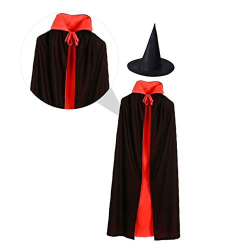 GAROZATION Schwarz-roter Halloween-umhang Für Erwachsene Hexenhut 2-teiliges Set Cosplay-kostüm Für Frauen Männer Jungen Und Mädchen Partykleidung von GAROZATION