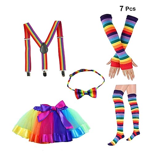 GAROZATION Regenbogen Tutu Rock Set Für Damen Bunte Kostüme Mit Schleife Langen Handschuhen Und Strumpfhaltern Für Partys Und Karneval Stil B Ideal Für Festliche Anlässe von GAROZATION