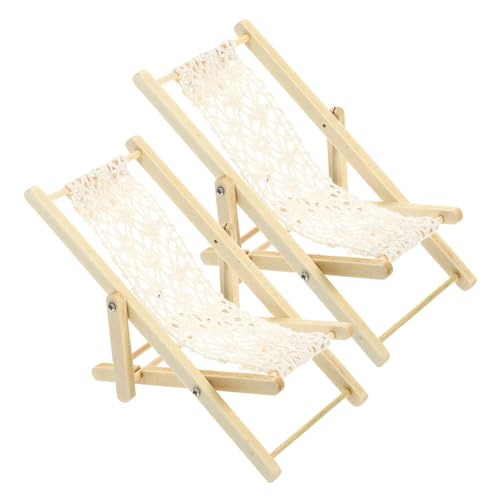 GARVALON 2st Miniatur-freizeitstuhl Strandkörbe Liege Klappbar Liegstuhl Strandstuhl Puppenhaus Zubehör Liegestuhl Stühle Essstuhl Loungesessel Mini-Lounge-Sessel Mini-Stuhl Hölzern Beige von GARVALON