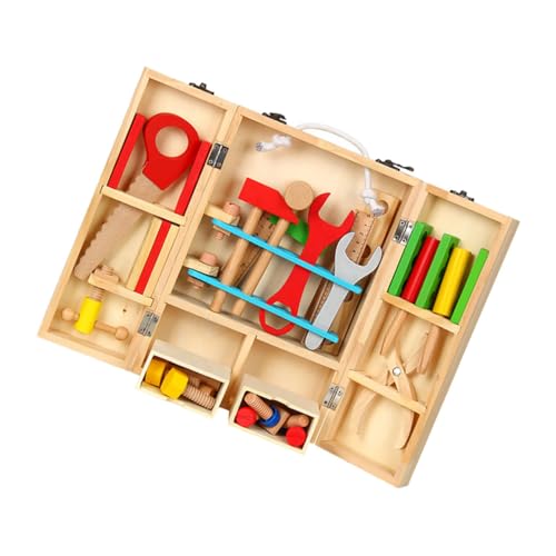 GARVALON Kinder Reparaturwerkzeug Set Holz Rollenspiel Werkzeugkoffer Mit Werkzeuggürtel Maßband Bohrmaschine Perfektes STEM Spielzeug Für Jungen & Mädchen Ab 3 Jahren von GARVALON