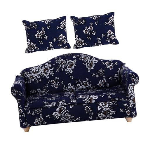 GARVALON Mini-Sofa Rollenspielspielzeug Puppenhaus-Wohnzimmer-Accessoire Mini-Spielzeug small Sofa modellhaus Mini- -Sofa-Spielzeug Spielzeugsofa mit Kissen Dorf Hu Tongmu Blue von GARVALON