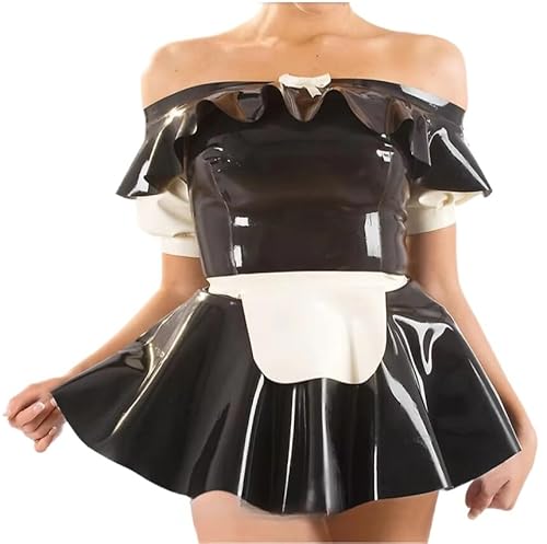 GAYLOP Französisches Dienstmädchen-Latexkleid mit Manschetten, Schürze, Reißverschluss auf der Rückseite, Tube-Top, Schleifen, Gummiuniform, figurbetonter Spielanzug, XS von GAYLOP