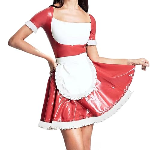 GAYLOP Französisches Dienstmädchen-Latexkleid mit Schürze, runder Kragen, Reißverschluss hinten, Gummiuniform, figurbetonter Spielanzug, schwarz mit weiß, weiblich XL von GAYLOP