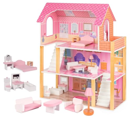 Großes Puppenhaus Set aus Holz für Mädchen | Große Puppenstube mit Zubehör | XXL Puppen Traumhaus in pink | Kinder Dollhouse mit Möbel Kit | Puppenvilla Spielzeughaus mit Einrichtung von GB ONE