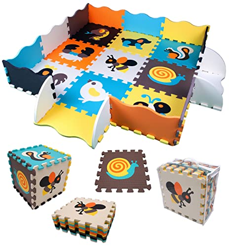 Kinder Puzzlematte XL Spielteppich mit Tiermotive für Baby & Kinder | 72-TLG XL Puzzleteppich Set | Große Eva Schaumstoff Spielmatte | Krabbelmatte mit Rand | Bunte Boden Matte 114x114 cm von GB ONE