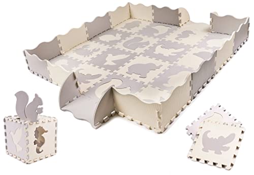 Kinder Puzzlematte XXL mit Tier Motive | Spielteppich für Baby & Kinder | 52-TLG XL Puzzleteppich Set | Große Eva Schaumstoff Spielmatte | Krabbelmatte mit Rand | Boden Matte 143x143 cm | Beige Grau von GB ONE