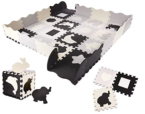 Kinder Puzzlematte XXL mit Tier Motive | Spielteppich für Baby & Kinder | 52-tlg XL Puzzleteppich Set | Große EVA Schaumstoff Spielmatte | Krabbelmatte mit Rand | Boden Matte 143x143 cm | Schwarz Grau von GB ONE