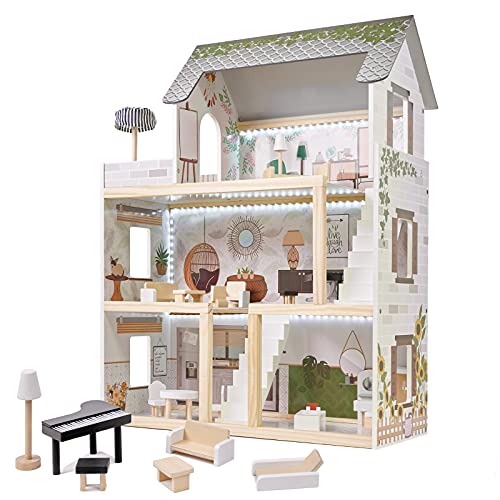 XXL Puppenhaus aus Holz mit LED Beleuchtung | Große Puppenstube mit Möbeln und Zubhör | 3 Etagen + Balkon | Spielset für Kinder Mädchen Jungs | Traumhaus für Puppen | Großes Dollhouse Kit Set von GB ONE