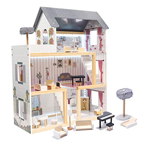 XXL Puppenhaus aus Holz mit LED Beleuchtung | Große Puppenstube mit Möbeln und Zubhör | 3 Etagen + Balkon | Spielset für Kinder Mädchen Jungs | Traumhaus für Puppen | Großes Dollhouse Kit Set von GB ONE