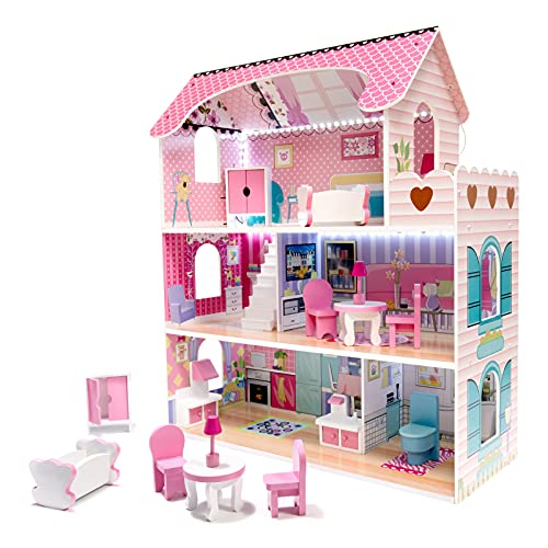 XXL Puppenhaus aus Holz mit LED Beleuchtung | Große Puppenstube mit Möbeln und Zubhör | 3 Etagen + Balkon | Spielset für Kinder Mädchen Jungs | Traumhaus für Puppen in Pink | Großes Dollhouse Kit Set von GB ONE