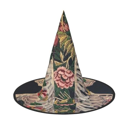 GBCDEDSL Skelett Schädel mit Blume Unisex Halloween Weihnachten Ball Geburtstag Party Karneval Polyester Vollhut Hexenhut Faltbar Leicht Hut von GBCDEDSL