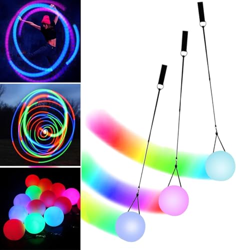 LED Poi Bälle, 3 Stück Poi Ball Set LED Glow Poi Kugeln mit Regenbogen Farben und Strobe-Effekt, Verbesserte LED Poi für Anfänger und Profis, POI Jonglierbälle mit verstellbaren Doppelschlaufen-Leinen von GBKDQQ