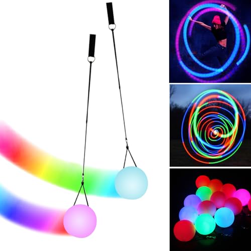 LED Poi Bälle 2 Stück: Poi Ball Set LED Glow Poi Kugeln mit Regenbogen Farben und Strobe-Effekt, Verbesserte LED Poi für Anfänger und Profis, POI Jonglierbälle mit verstellbaren Doppelschlaufen-Leinen von GBKDQQ