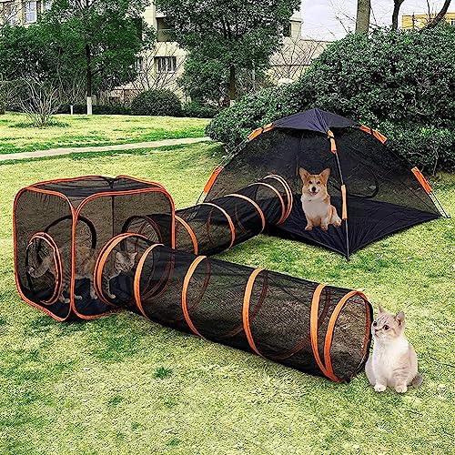 Katzenzelt Laufstall mit Tunnel – 4-in-1 Outdoor Tragbares Pop-Up-Gehege für Kätzchen & Welpen – Faltbarer Haustier-Lebensraum für Spielzeit & Erholung von GCCSSBXF