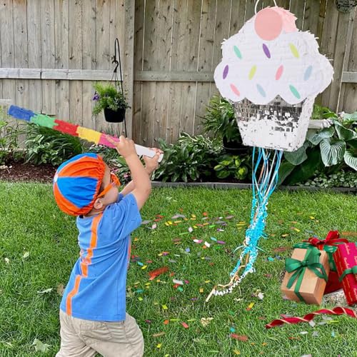 GCIUEMMH Eiscreme Geburtstag Pinata - Cupcake Donut Kuchen Eiswaffel Pinata Kleine Zugschnur Pinata mit Stab Augenmaske für Kinder Mädchen Geburtstag Party Babyparty Spiele Deko (Cupcake) von GCIUEMMH