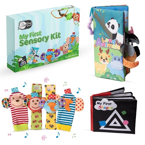 GreatDreams® Set mit Rasseln für Füße und Handgelenke (4 Stück) - Weiches Sensorisches Buch und Weiches Buch mit Formen - Spielzeug für Babys - Baby Spielzeug 0 Monate. von GD Great Dreams