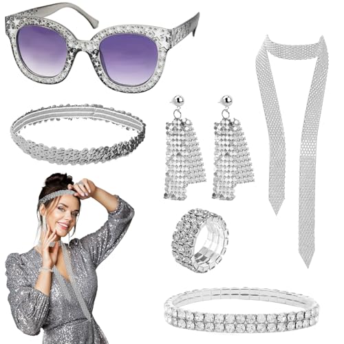 GD HUA 6 Stück Disco Accessoires, 80er Jahre Outfit Damen, 70er Jahre Kostüm Damen, Disco-Kostüm Pailletten Haarband Sonnenbrille Ohrringe Halskett Armband Ring, für Karneval, Party, Abschlussball von GD HUA