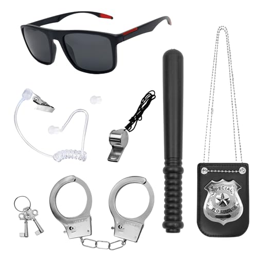 GD HUA 7PCS Polizei Kostüm Kinder Set, Handschellen Kinder Polizei Set, Polizei Pretend Spielen Spielzeug-Set, mit Handschellen Sonnenbrille Abzeichen Pfeife Ohrstöpsel von GD HUA