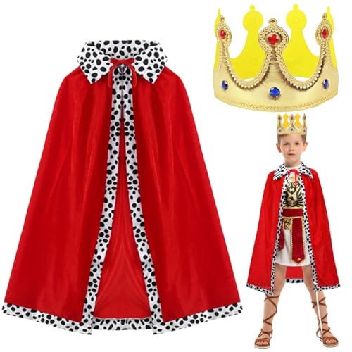 GDFJBG 2 Stück König Königin Kostüm für Kinder,Prinz Kostüm für Prinzenparty, Königsmantel Umhang Königlicher Samtumhang mit Krone, König Königin Cosplay für Halloween Karneval 90cm von GDFJBG